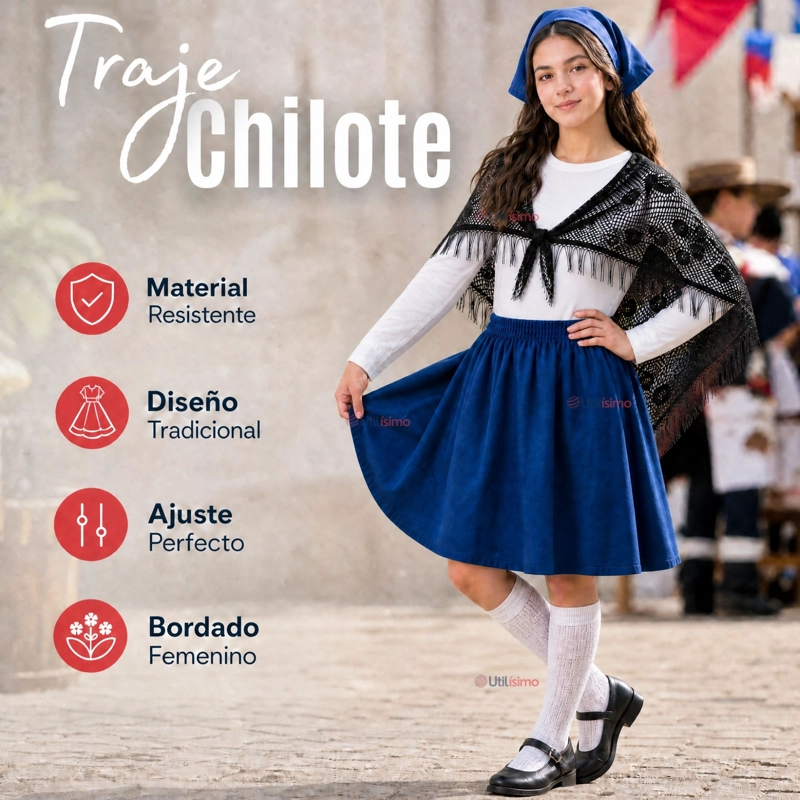 TRAJE CHILOTE JUVENIL 4 PIEZAS AZUL CON POLERA BAILE TIPICO FIESTAS PATRIAS - 3