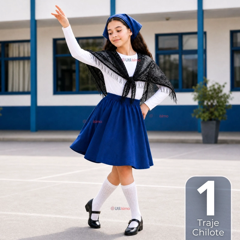 TRAJE CHILOTE JUVENIL 4 PIEZAS AZUL CON POLERA BAILE TIPICO FIESTAS PATRIAS - 1