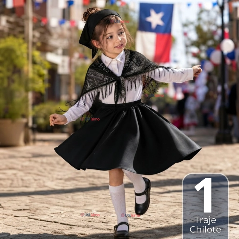TRAJE CHILOTE NIÑA 3 PIEZAS NEGRO BAILE TIPICO FIESTAS PATRIAS - 1