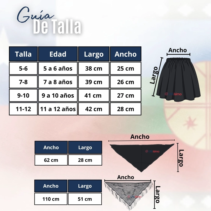 TRAJE CHILOTE NIÑA 3 PIEZAS NEGRO BAILE TIPICO FIESTAS PATRIAS - 3