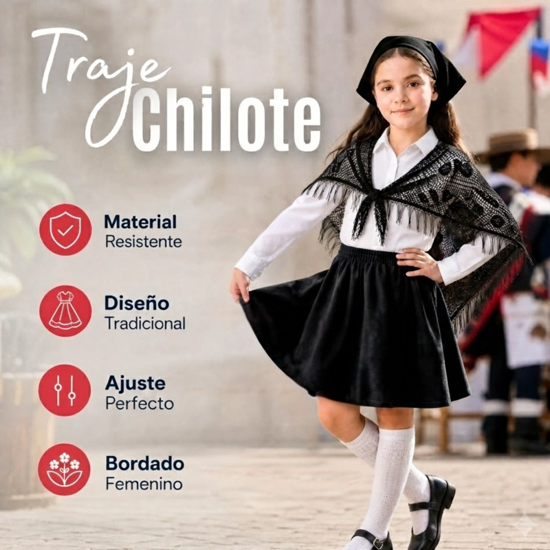 TRAJE CHILOTE NIÑA 3 PIEZAS NEGRO BAILE TIPICO FIESTAS PATRIAS - 4