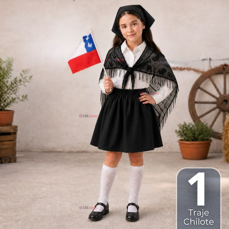 TRAJE CHILOTE NIÑA 3 PIEZAS NEGRO BAILE TIPICO FIESTAS PATRIAS - 1