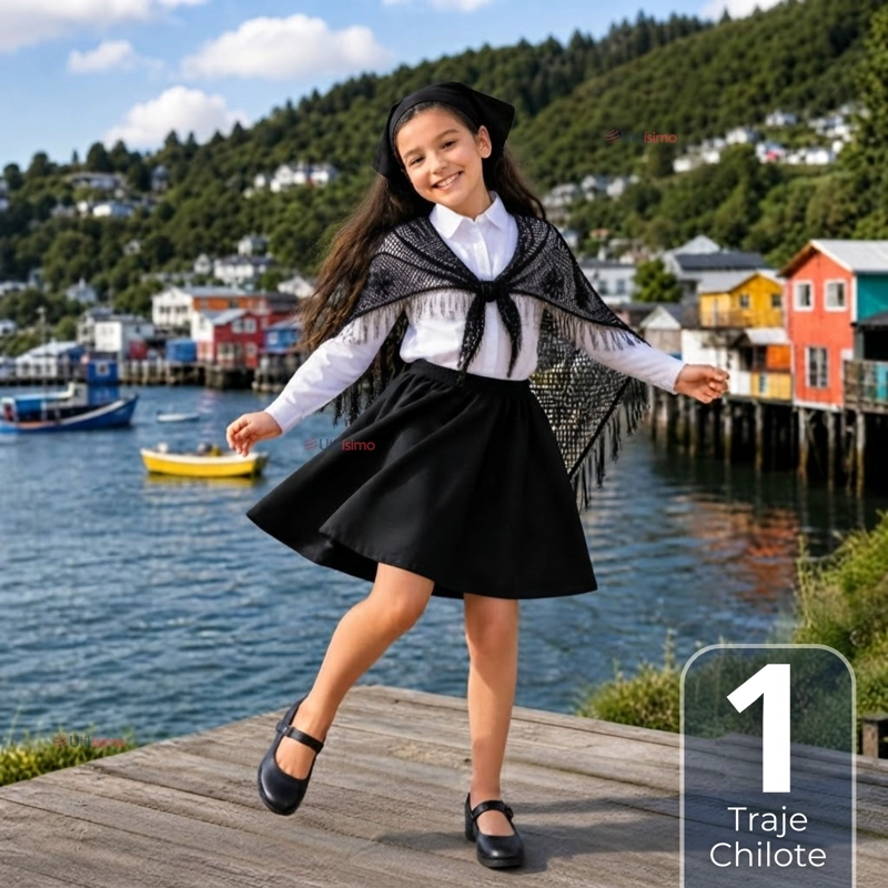 TRAJE CHILOTE NIÑA 3 PIEZAS NEGRO BAILE TIPICO FIESTAS PATRIAS - 1