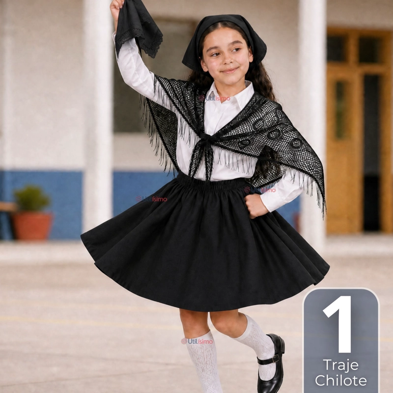TRAJE CHILOTE NIÑA 3 PIEZAS NEGRO BAILE TIPICO FIESTAS PATRIAS - 1