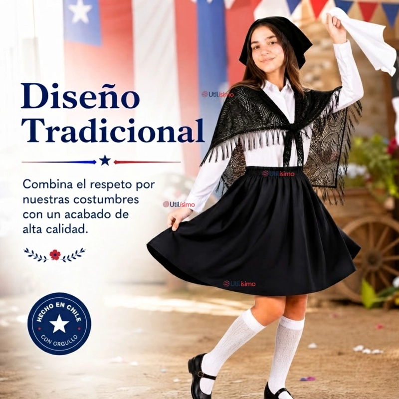 TRAJE CHILOTE NIÑA 3 PIEZAS NEGRO BAILE TIPICO FIESTAS PATRIAS - 7