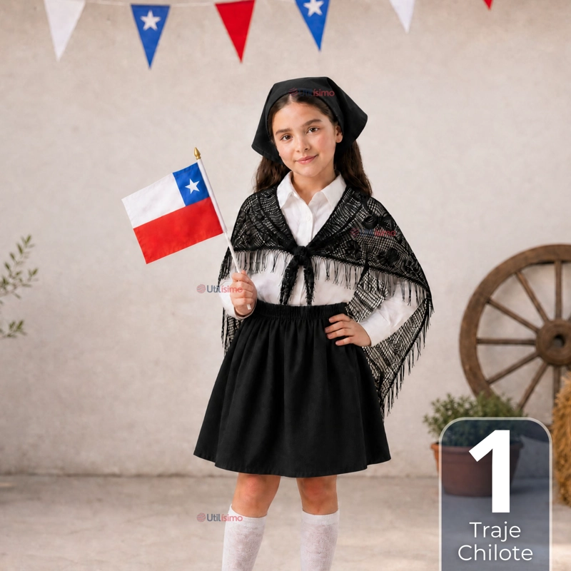 TRAJE CHILOTE NIÑA NEGRO 4 PIEZAS CON CAMISA BAILE TIPICO FIESTAS PATRIAS - 1