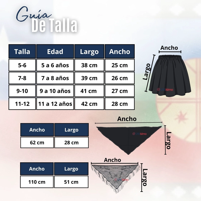 TRAJE CHILOTE NIÑA NEGRO 4 PIEZAS CON CAMISA BAILE TIPICO FIESTAS PATRIAS - 3