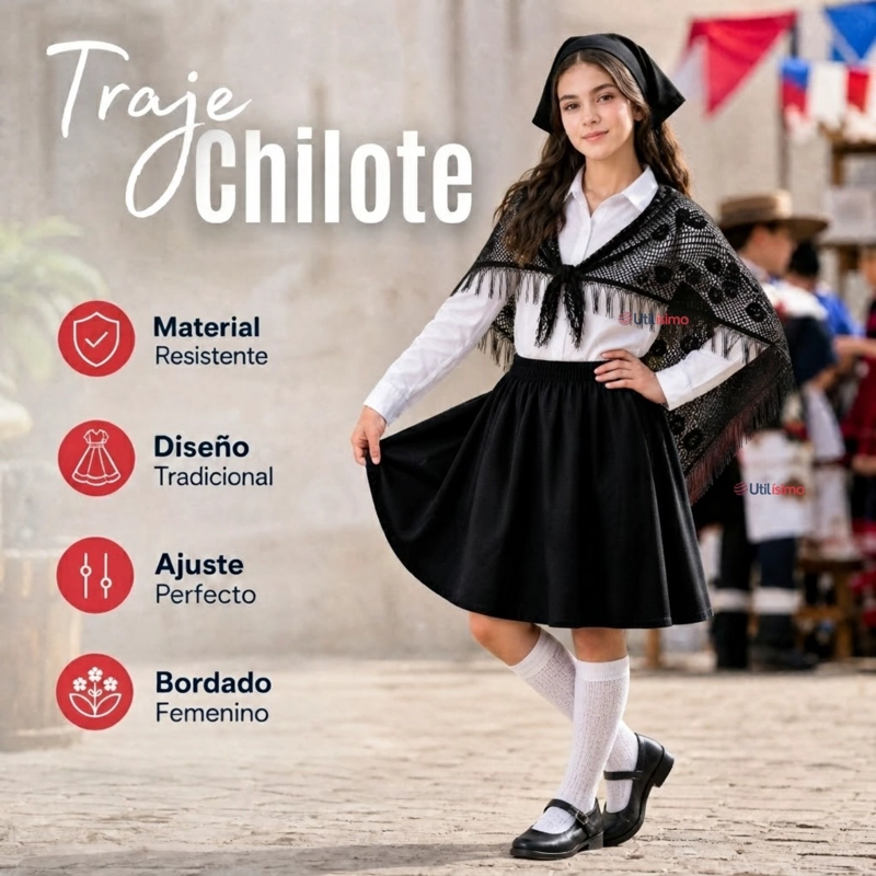 TRAJE CHILOTE NIÑA NEGRO 4 PIEZAS CON CAMISA BAILE TIPICO FIESTAS PATRIAS - 5