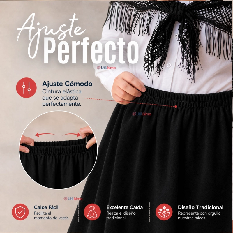 TRAJE CHILOTE NIÑA NEGRO 4 PIEZAS CON CAMISA BAILE TIPICO FIESTAS PATRIAS - 7