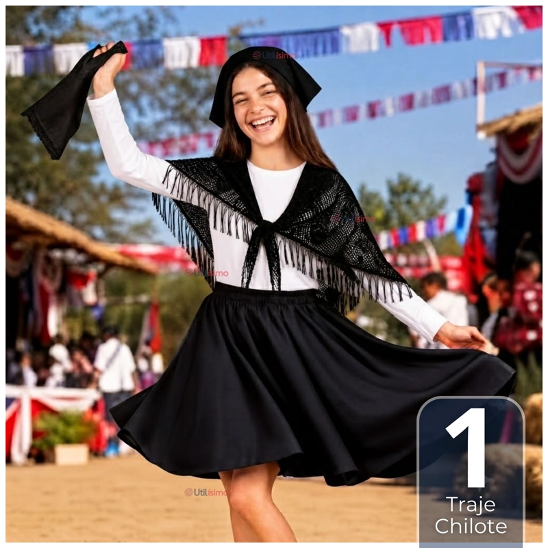 TRAJE CHILOTE JUVENIL NEGRO 3 PIEZAS BAILE TIPICO FIESTAS PATRIAS - 1