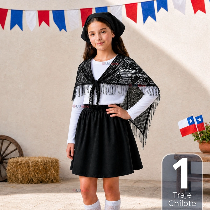 TRAJE CHILOTE JUVENIL NEGRO 4 PIEZAS CON POLERA BAILE TIPICO FIESTAS PATRIAS - 1