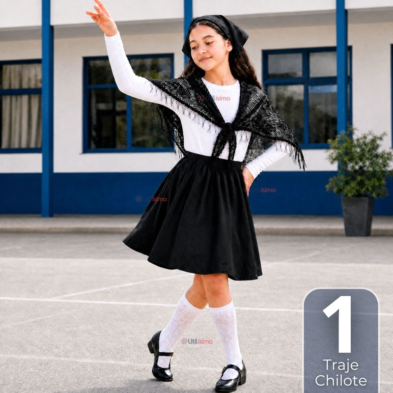 TRAJE CHILOTE JUVENIL NEGRO 4 PIEZAS CON POLERA BAILE TIPICO FIESTAS PATRIAS - 1