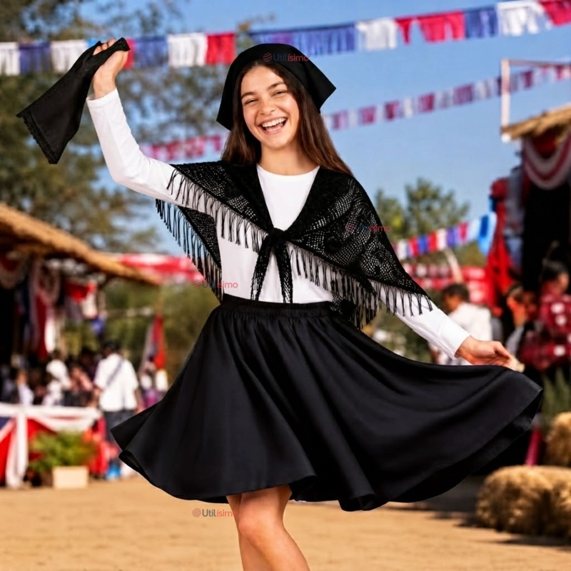 TRAJE CHILOTE JUVENIL NEGRO 4 PIEZAS CON POLERA BAILE TIPICO FIESTAS PATRIAS - 1