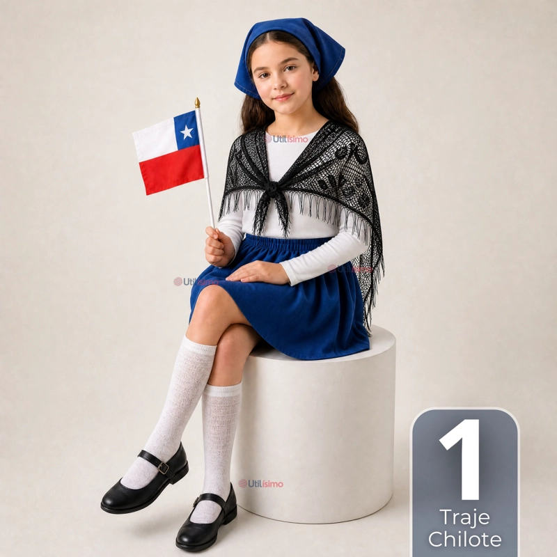 TRAJE CHILOTE NIÑA AZUL FIESTAS PATRIAS CON POLERA 4 PIEZAS TRADICIONAL - 1
