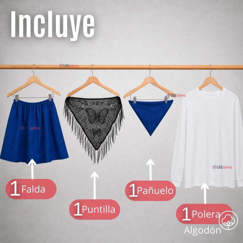TRAJE CHILOTE NIÑA AZUL FIESTAS PATRIAS CON POLERA 4 PIEZAS TRADICIONAL - 2