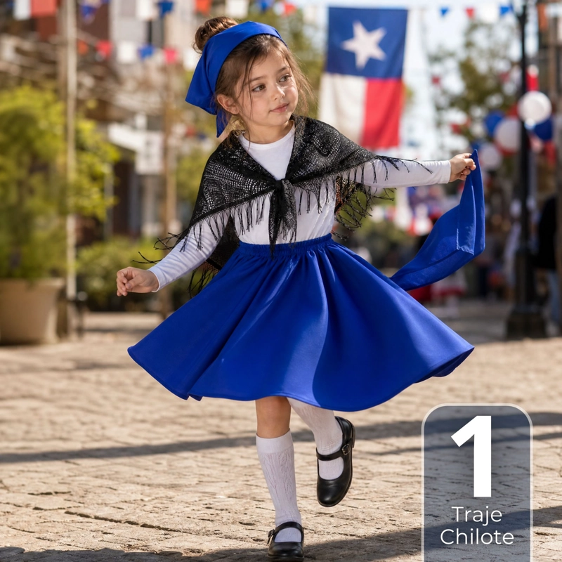 TRAJE CHILOTE NIÑA AZUL FIESTAS PATRIAS CON POLERA 4 PIEZAS TRADICIONAL - 1