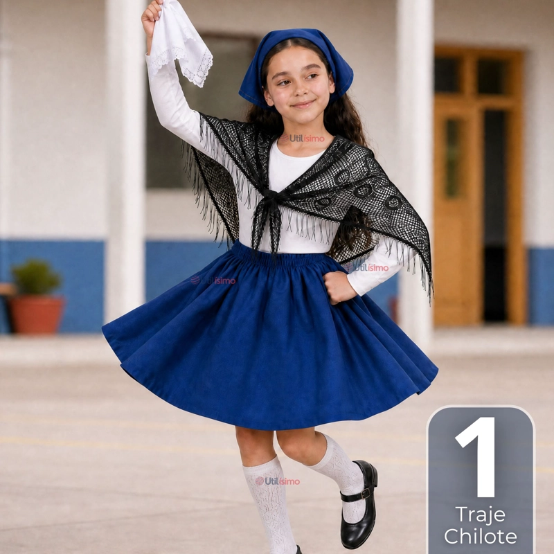 TRAJE CHILOTE NIÑA AZUL FIESTAS PATRIAS CON POLERA 4 PIEZAS TRADICIONAL - 1