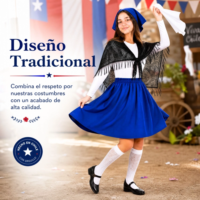 TRAJE CHILOTE NIÑA AZUL FIESTAS PATRIAS CON POLERA 4 PIEZAS TRADICIONAL - 7