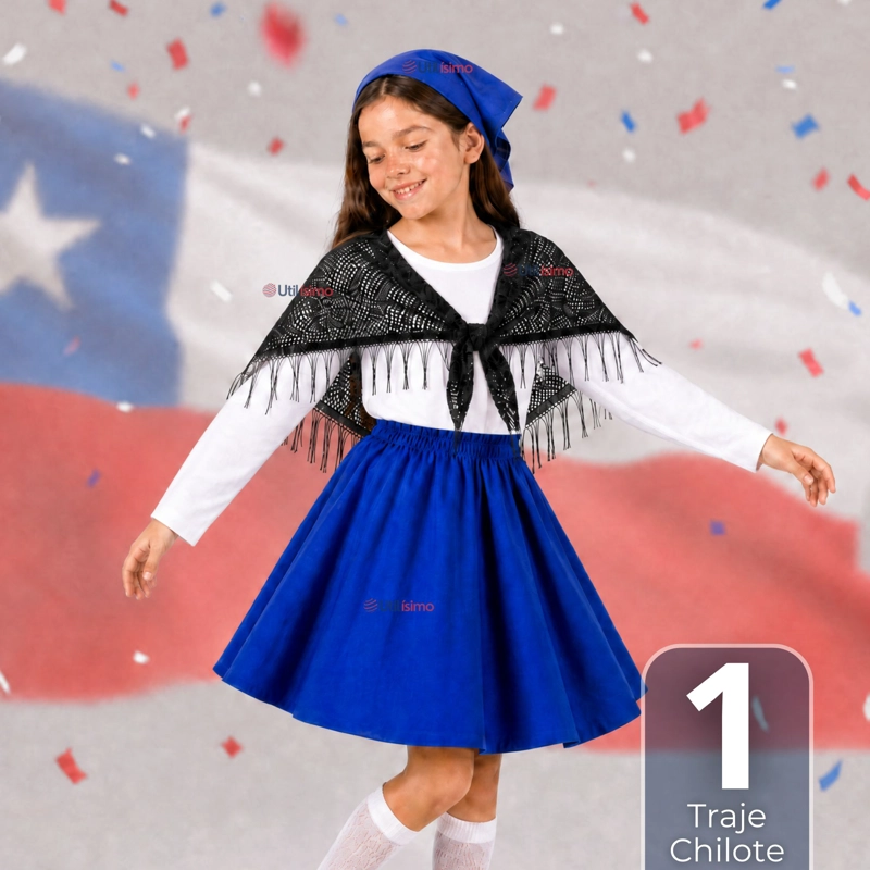 TRAJE CHILOTE NIÑA AZUL FIESTAS PATRIAS CON POLERA 4 PIEZAS TRADICIONAL - 1