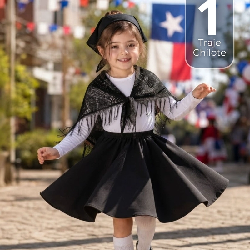 TRAJE CHILOTE NIÑA NEGRO 4 PIEZAS CON POLERA BAILE TIPICO FIESTAS PATRIAS - 1