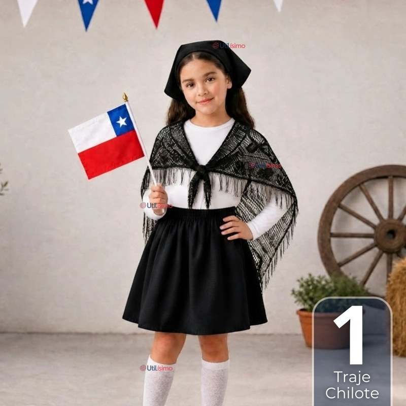 TRAJE CHILOTE NIÑA NEGRO 4 PIEZAS CON POLERA BAILE TIPICO FIESTAS PATRIAS - 1