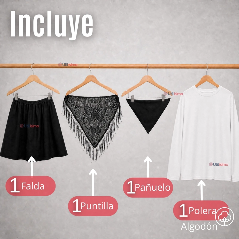 TRAJE CHILOTE NIÑA NEGRO 4 PIEZAS CON POLERA BAILE TIPICO FIESTAS PATRIAS - 2