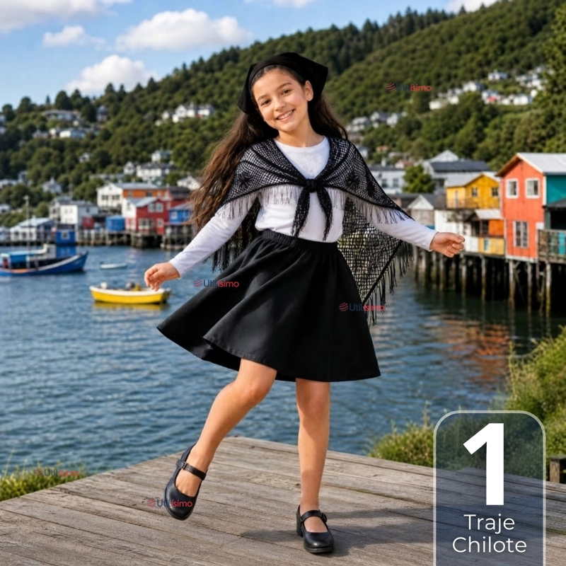 TRAJE CHILOTE NIÑA NEGRO 4 PIEZAS CON POLERA BAILE TIPICO FIESTAS PATRIAS - 1