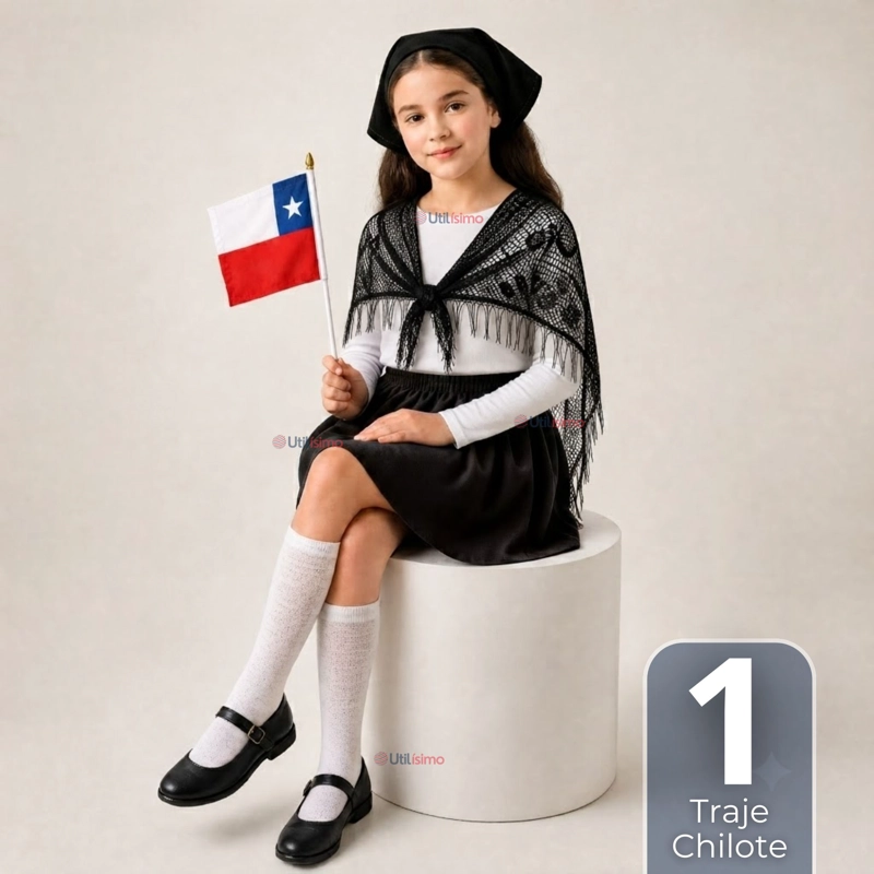 TRAJE CHILOTE NIÑA NEGRO 4 PIEZAS CON POLERA BAILE TIPICO FIESTAS PATRIAS - 1
