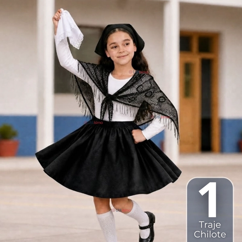 TRAJE CHILOTE NIÑA NEGRO 4 PIEZAS CON POLERA BAILE TIPICO FIESTAS PATRIAS - 1