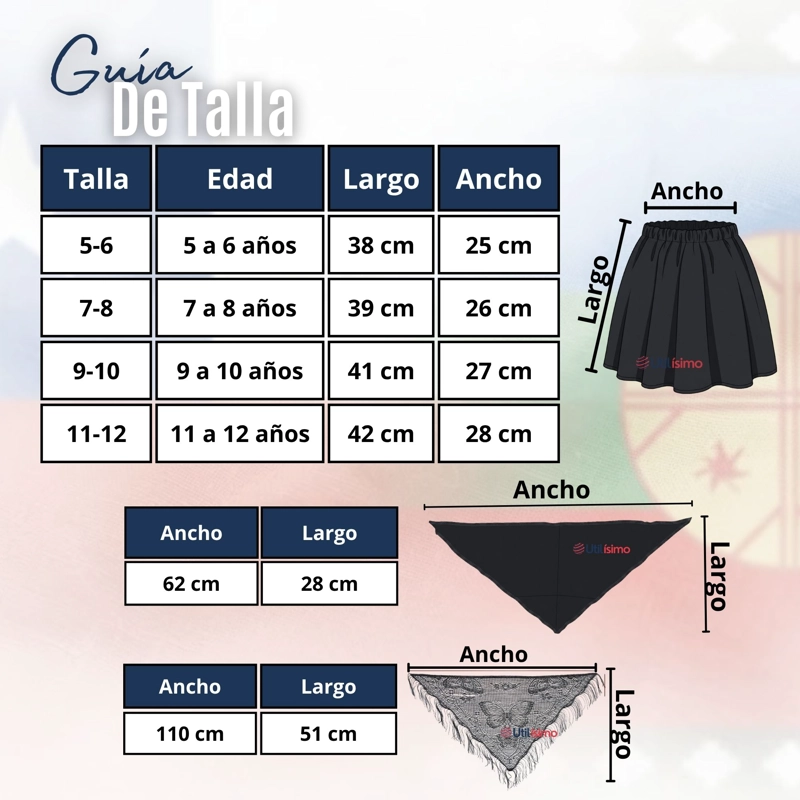 TRAJE CHILOTE NIÑA NEGRO 4 PIEZAS CON POLERA BAILE TIPICO FIESTAS PATRIAS - 3