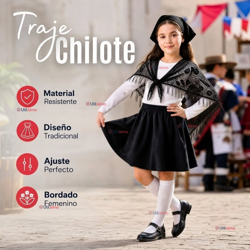 TRAJE CHILOTE NIÑA NEGRO 4 PIEZAS CON POLERA BAILE TIPICO FIESTAS PATRIAS - 5