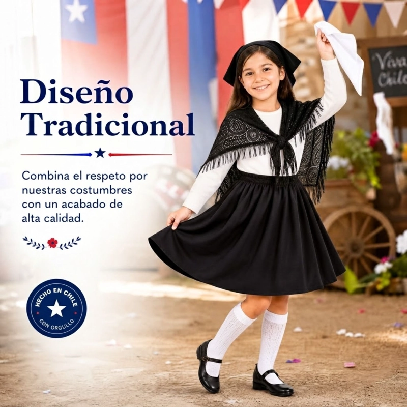 TRAJE CHILOTE NIÑA NEGRO 4 PIEZAS CON POLERA BAILE TIPICO FIESTAS PATRIAS - 7
