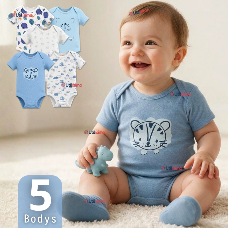 PACK 5 BODYS MANGA CORTA 100% ALGODON TEDMIMAK NIÑO BLUE JUNGLE - 1