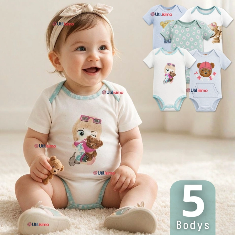 PACK 5 BODYS MANGA CORTA 100% ALGODON TEDMIMAK NIÑA CUDDLY BEARS - 1