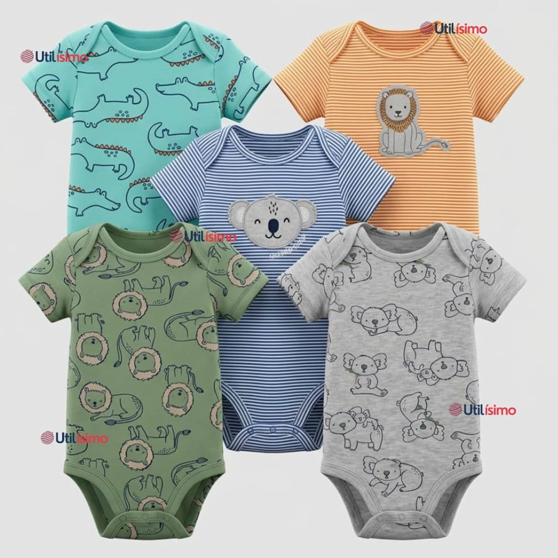 PACK 5 BODYS MANGA CORTA 100% ALGODON TEDMIMAK BEBE NIÑO ANIMALS - 1
