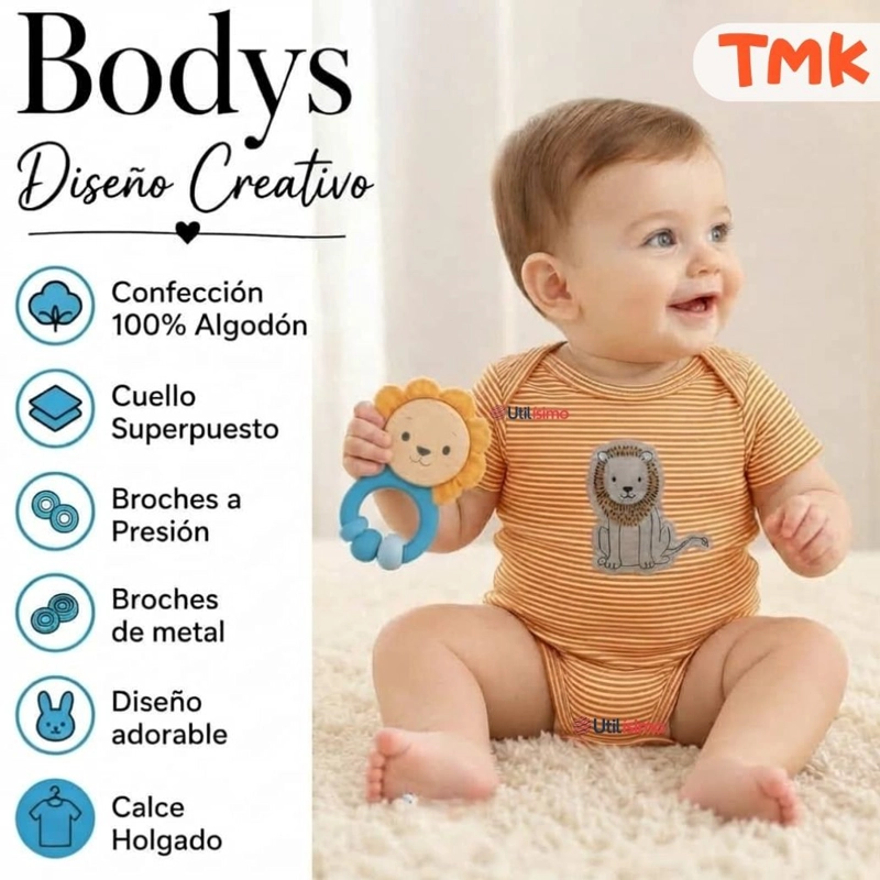 PACK 5 BODYS MANGA CORTA 100% ALGODON TEDMIMAK BEBE NIÑO ANIMALS - 4