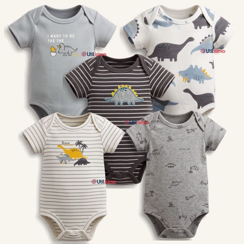 PACK 5 BODYS MANGA CORTA 100% ALGODON TEDMIMAK BEBE NIÑO DINO BABY - 1