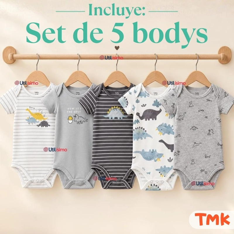 PACK 5 BODYS MANGA CORTA 100% ALGODON TEDMIMAK BEBE NIÑO DINO BABY - 2