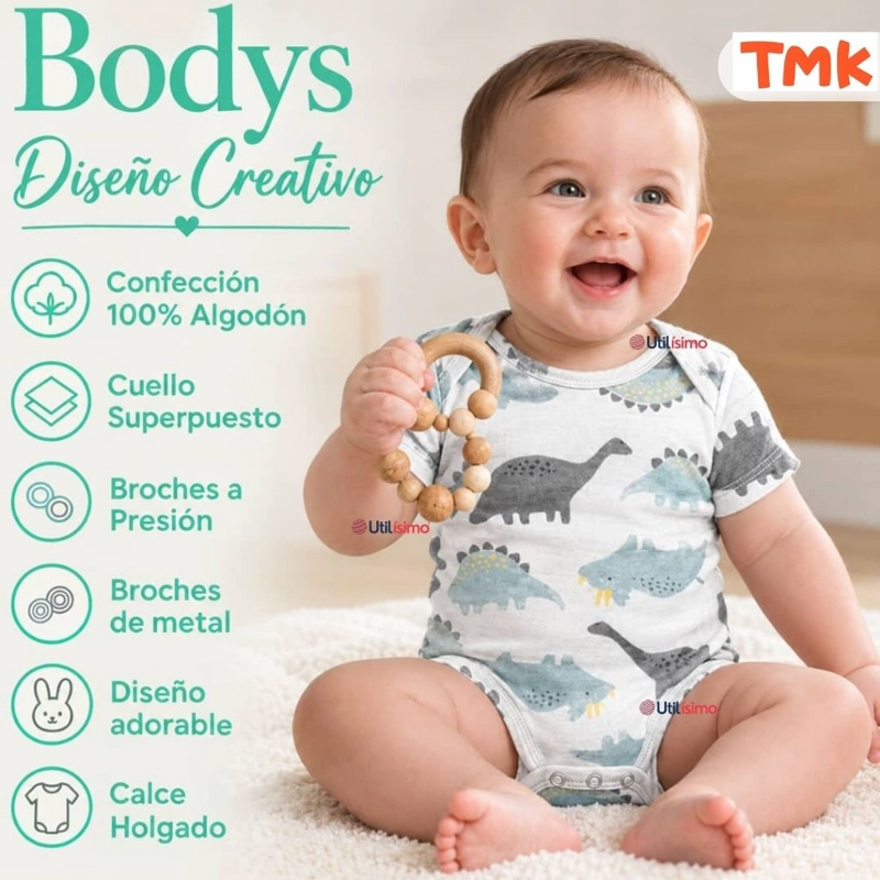 PACK 5 BODYS MANGA CORTA 100% ALGODON TEDMIMAK BEBE NIÑO DINO BABY - 4