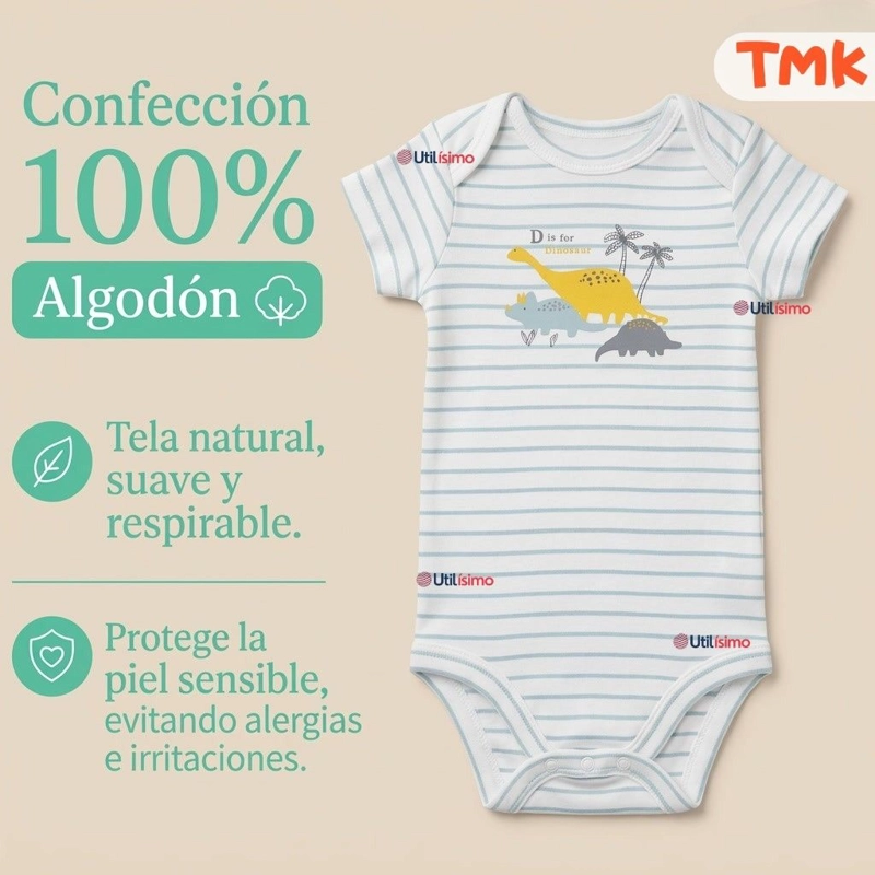 PACK 5 BODYS MANGA CORTA 100% ALGODON TEDMIMAK BEBE NIÑO DINO BABY - 5