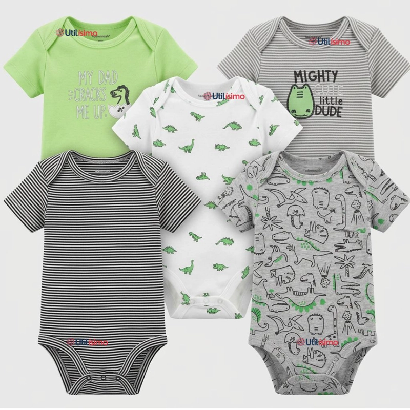 PACK 5 BODYS MANGA CORTA 100% ALGODON TEDMIMAK BEBE NIÑO GREEN DINOS - 1
