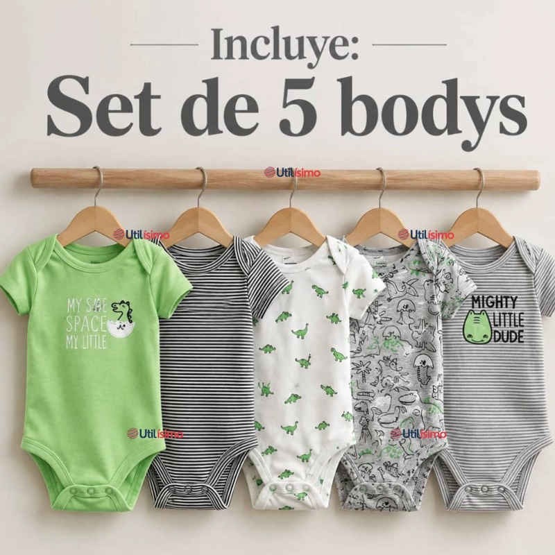 PACK 5 BODYS MANGA CORTA 100% ALGODON TEDMIMAK BEBE NIÑO GREEN DINOS - 2