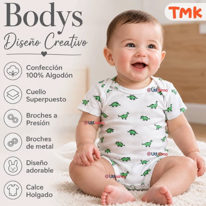 PACK 5 BODYS MANGA CORTA 100% ALGODON TEDMIMAK BEBE NIÑO GREEN DINOS - 4