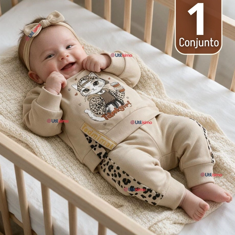 CONJUNTO 2 PIEZAS POLERON Y BUZO 100% ALGODON TEDMIMAK BEBE NIÑA CAT PRINT - 1