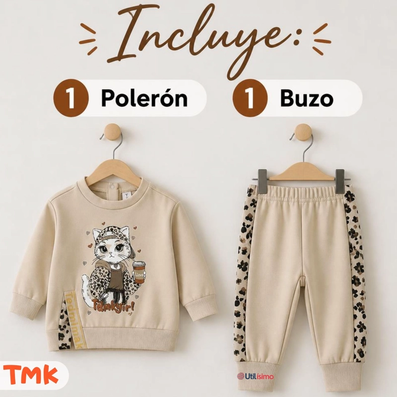 CONJUNTO 2 PIEZAS POLERON Y BUZO 100% ALGODON TEDMIMAK BEBE NIÑA CAT PRINT - 2
