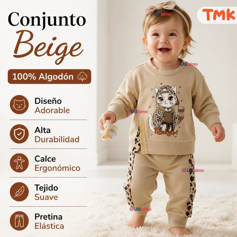 CONJUNTO 2 PIEZAS POLERON Y BUZO 100% ALGODON TEDMIMAK BEBE NIÑA CAT PRINT - 4