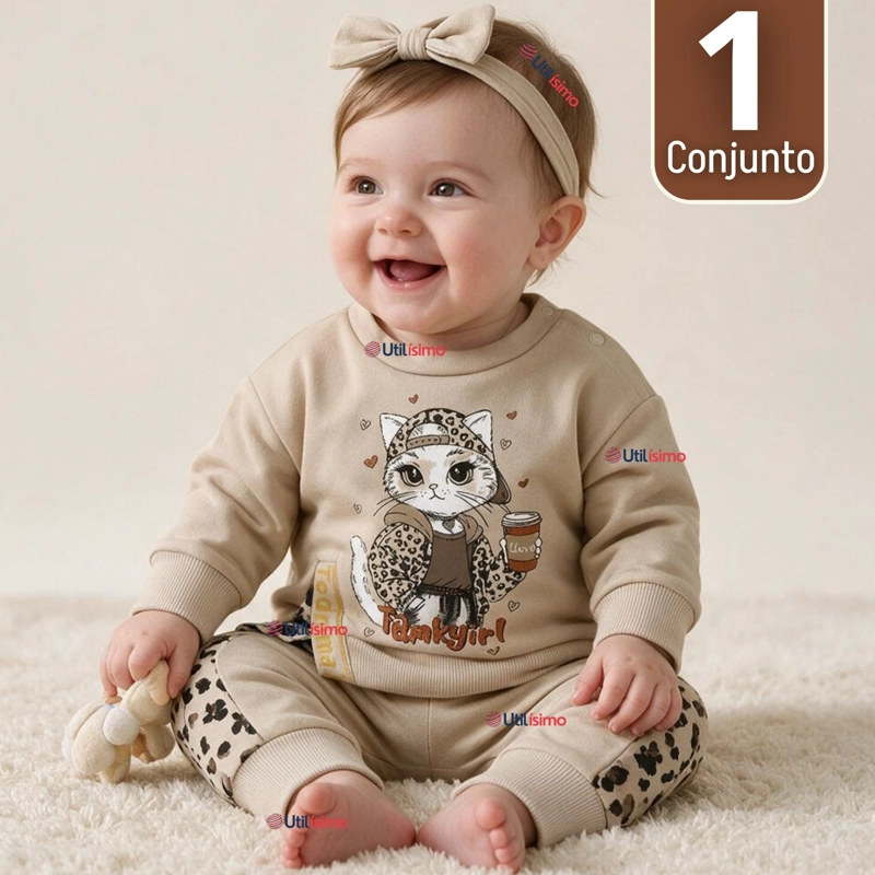 CONJUNTO 2 PIEZAS POLERON Y BUZO 100% ALGODON TEDMIMAK BEBE NIÑA CAT PRINT - 1