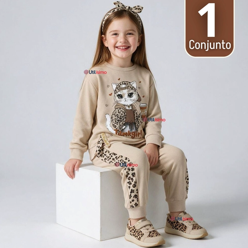 CONJUNTO 2 PIEZAS POLERON Y BUZO 100% ALGODON TEDMIMAK NIÑA CAT ANIMAL PRINT - 1
