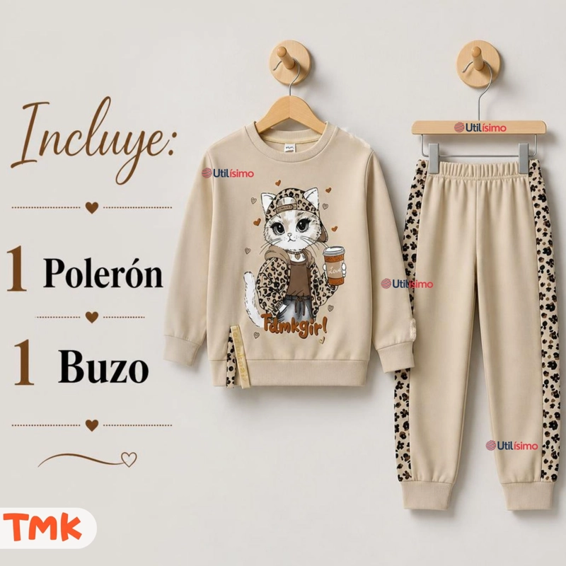 CONJUNTO 2 PIEZAS POLERON Y BUZO 100% ALGODON TEDMIMAK NIÑA CAT ANIMAL PRINT - 2