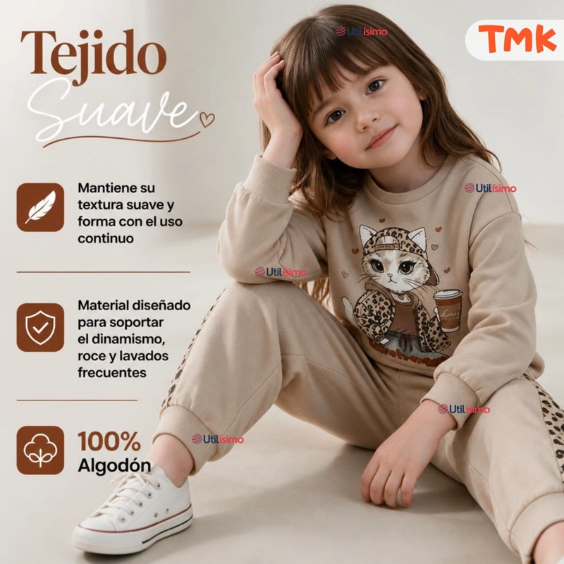 CONJUNTO 2 PIEZAS POLERON Y BUZO 100% ALGODON TEDMIMAK NIÑA CAT ANIMAL PRINT - 6